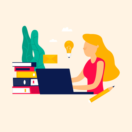 Business woman, education, internet business. Flat style vector illustration.のイラスト素材