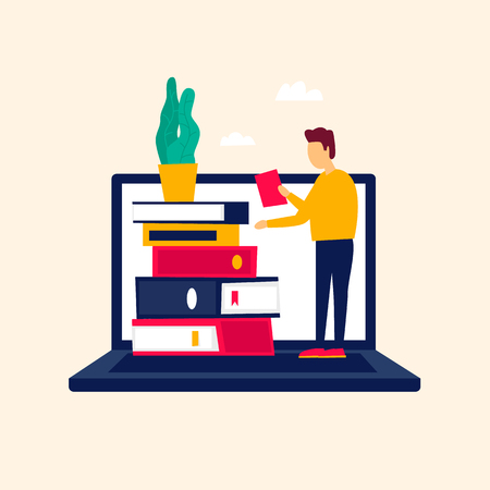 Online library, e-books, self-education. Flat style vector illustration.のイラスト素材