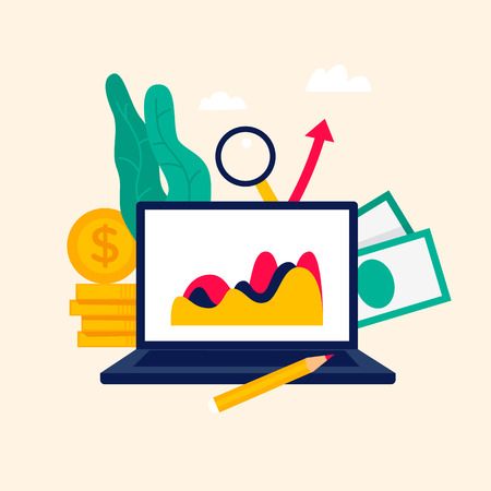 Analysis, investments, statistics, making money. Flat style vector illustration.のイラスト素材