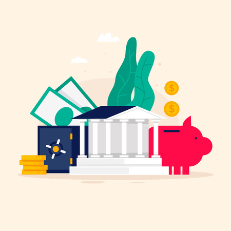 Bank building, deposits, money storage, currency exchange. Flat style vector illustration.のイラスト素材