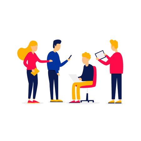 People with gadgets in their hands, teamwork, team, brainstorming, office life. Flat style vector illustration.のイラスト素材