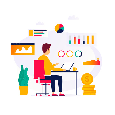 Business analysis, a programmer working at a computer, office life. Flat style vector illustration.のイラスト素材