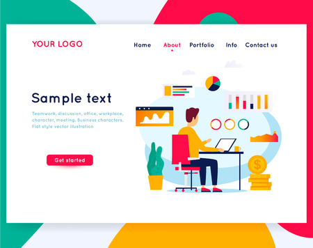 Analysis, Business, man sitting working behind laptop, website template. Flat style vector illustration.のイラスト素材
