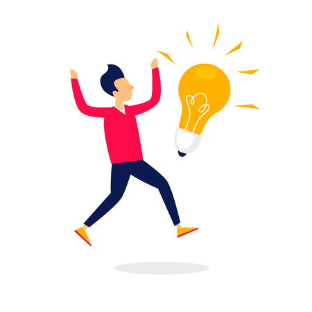 Joyful man jumping is the idea of ??a light bulb. Flat style vector illustration.のイラスト素材
