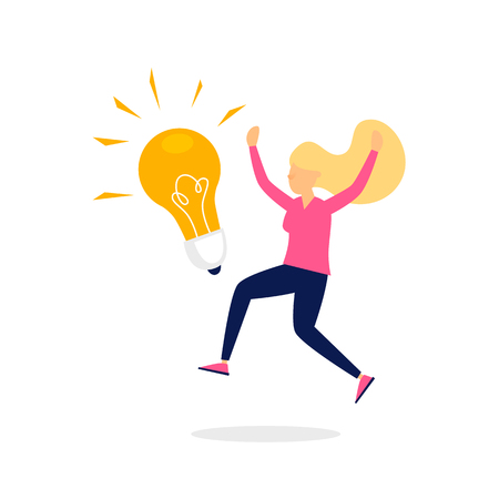 Joyful girl jumping with a light bulb. Flat style vector illustration.のイラスト素材