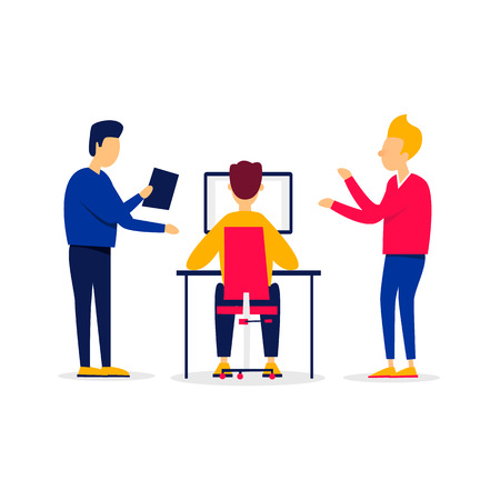 Teamwork, analysis, brainstorming, improving work. Flat style vector illustration.のイラスト素材