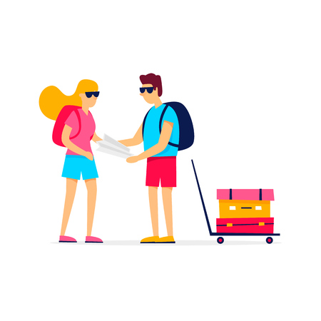 Couple traveling with suitcases and a card, vacation, lovers. Flat style vector illustration.のイラスト素材