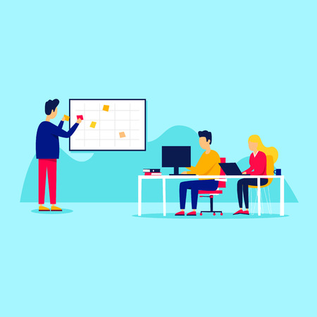 Teamwork, analysis, brainstorming, improving work. Flat style vector illustration.のイラスト素材