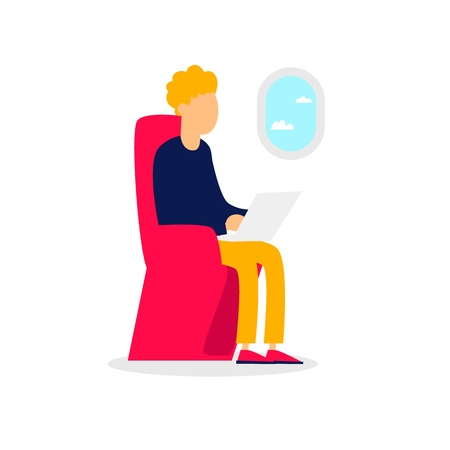 Businessman flies into a plane and works behind a laptop. Flat style vector illustration.のイラスト素材
