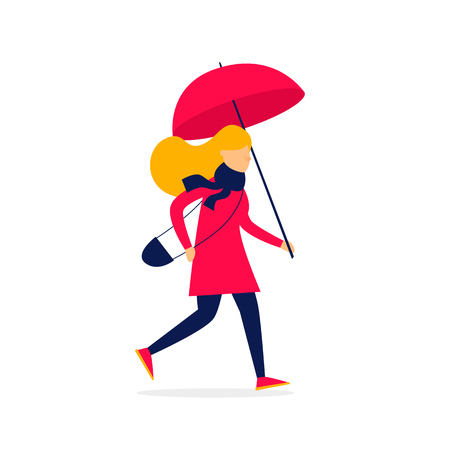 Girl running with an umbrella, autumn, rain. Flat style vector illustration.のイラスト素材