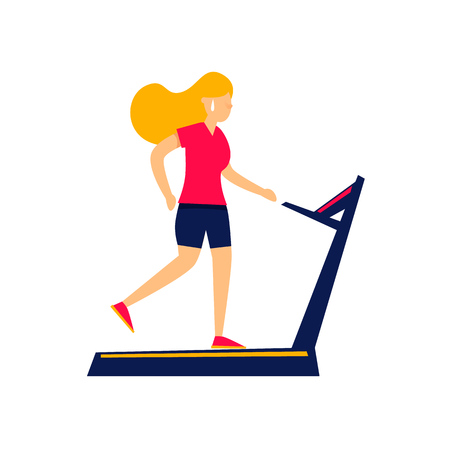 Girl running on a treadmill, fitness. Flat style vector illustration.のイラスト素材