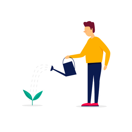 Man watering a plant, business growth, gardener. Flat style vector illustration.のイラスト素材