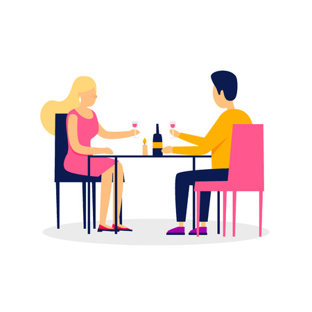 Date, lovers sit in the restaurant drink wine. Flat style vector illustration.のイラスト素材