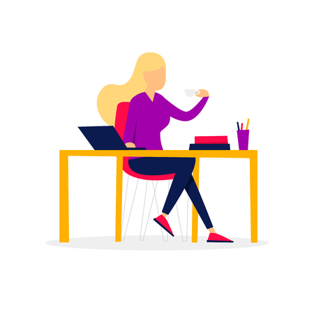 Girl drinking coffee, office life. Flat style vector illustration.のイラスト素材