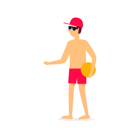 Man in shorts with a ball on the beach, summer, vacation. Flat style vector illustration.のイラスト素材