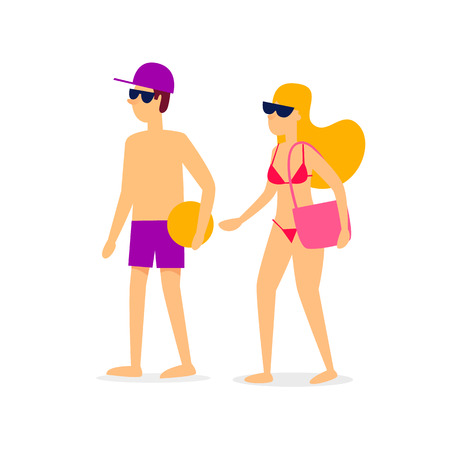 Guy and girl on the beach, summer vacation. Flat style vector illustration.の素材 [FY310106938013]