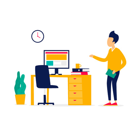 Man working at a computer, character, office, business, programmer. Interior, workplace. Flat style vector illustration.のイラスト素材