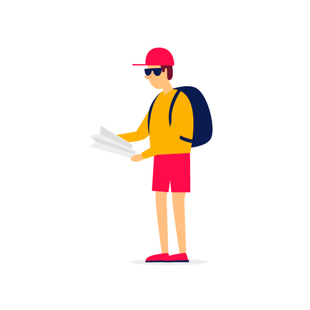 Man holding a map, travel, vacation. Flat style vector illustration.のイラスト素材