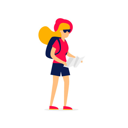 Girl with a map, travel, vacation, rest, adventure. Flat style vector illustration.のイラスト素材