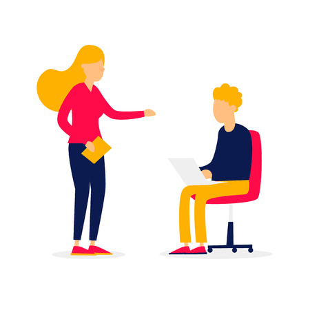 Teamwork, discussion, office, workplace, character, meeting. Business characters. Flat style vector illustrationのイラスト素材