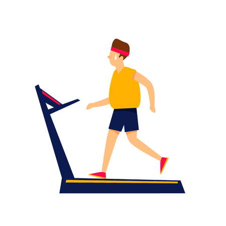 Fat man runs on a treadmill, overweight. Flat style vector illustrationのイラスト素材