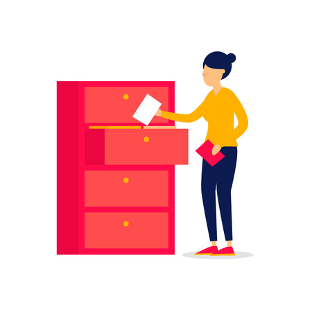 Woman near a cabinet with documents. Flat style vector illustrationのイラスト素材