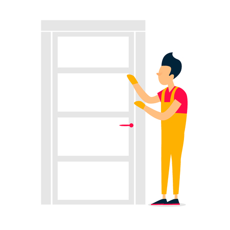Worker mounts the door, installation, construction, repair. Flat style vector illustrationのイラスト素材