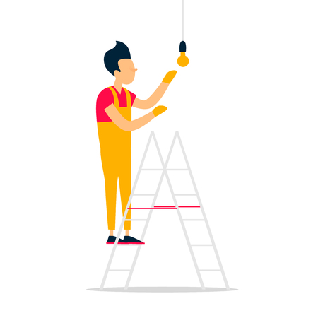 Electrician hangs a light bulb, repairs, construction. Flat style vector illustrationのイラスト素材