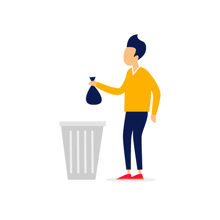 Man throws out the garbage. Flat style vector illustrationのイラスト素材