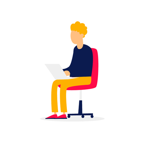 Man sitting working on laptop, office life, freelancing. Flat style vector illustration.のイラスト素材