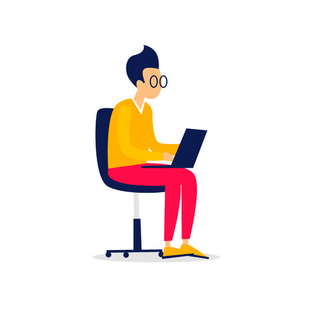 Man sitting working on laptop, office life, freelancing. Flat style vector illustration.のイラスト素材