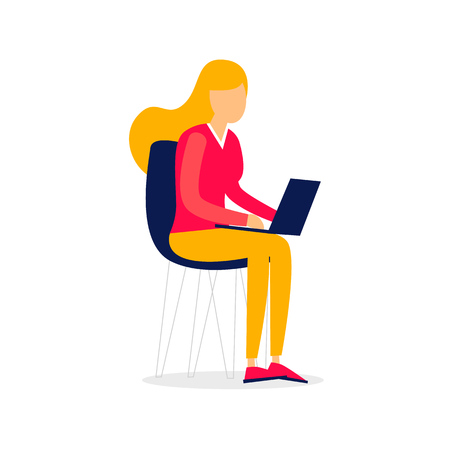 Woman sitting working on laptop, office life, freelancing. Flat style vector illustration.のイラスト素材