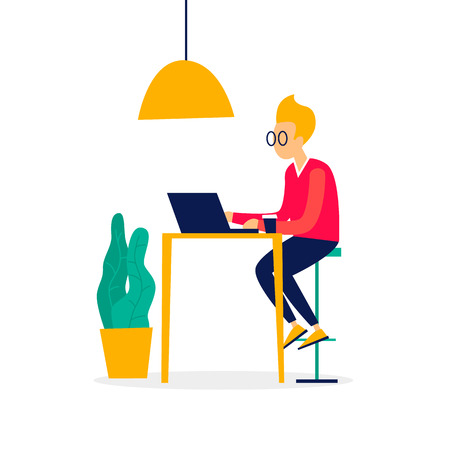 Office work, man working at a computer, business, workplace. Flat illustration in cartoon style.のイラスト素材