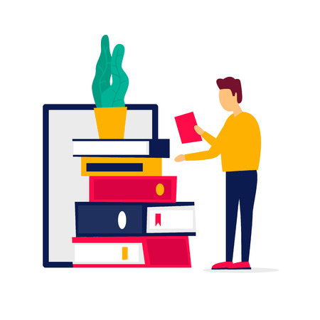 E-book, online library. Education, reading books. Flat style vector illustration.のイラスト素材