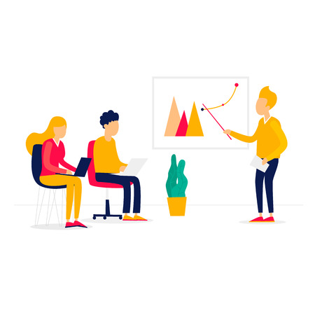 Office life, meeting, brainstorming, analysis, business training. Flat illustration isolated on white background.のイラスト素材