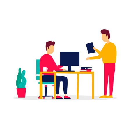 Office, teamwork, business, people working at the computer. Analysis, strategy, programmer. Flat designのイラスト素材