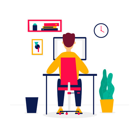 Office work, man working at a computer, business, workplace. Flat illustration in cartoon style.のイラスト素材
