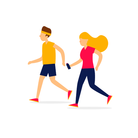Man and a woman are engaged in running, sports. Flat illustration isolated on white background.のイラスト素材