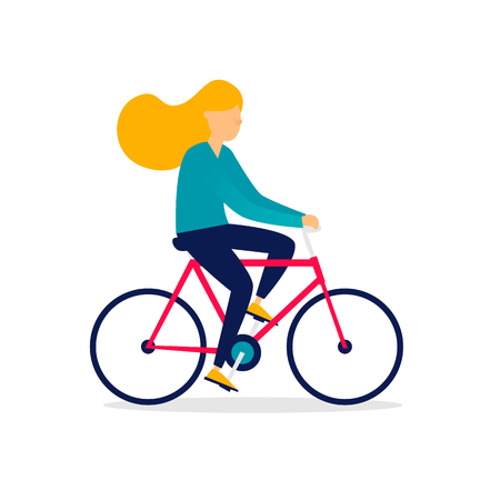 Woman is riding a bicycle. Flat illustration isolated on white background.のイラスト素材