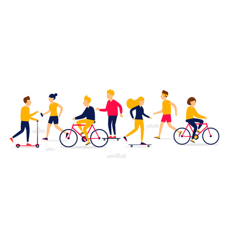 People go in for sports, bicycles, skate, scooter, rollers. Flat illustration isolated on white background.のイラスト素材