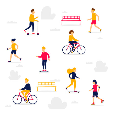 People in the park are engaged in sports, relax, summer. Flat illustration isolated on white background.のイラスト素材