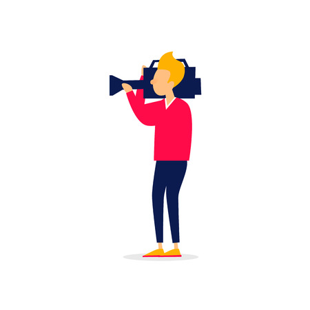 Videography, the man is holding the camera. Flat illustration isolated on white background.のイラスト素材