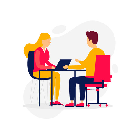 Business, interview, meeting, a girl talking with a candidate. Flat illustration isolated on white background.のイラスト素材