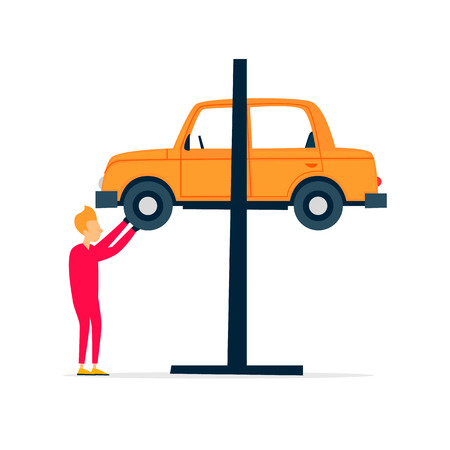Car repair, mechanic repairs the suspension, tire fitting. Flat illustration isolated on white background.のイラスト素材