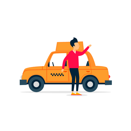 Taxi driver invites to ride. Flat illustration isolated on white background.のイラスト素材
