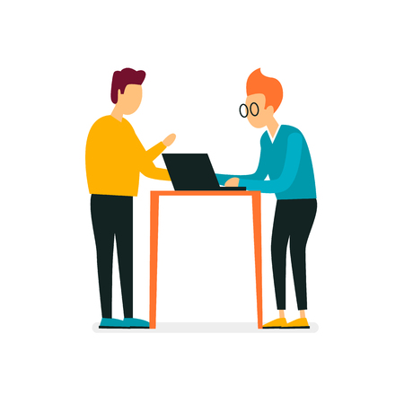 Office, teamwork, business, people working at the computer. Analysis, strategy, programmer. Flat design vector illustrationのイラスト素材