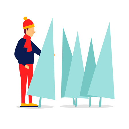 Man chooses Christmas tree new year. Vector illustrationのイラスト素材
