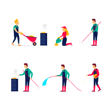Autumn, people harvest harvest, row leaves, sow seeds. Vector illustrationのイラスト素材