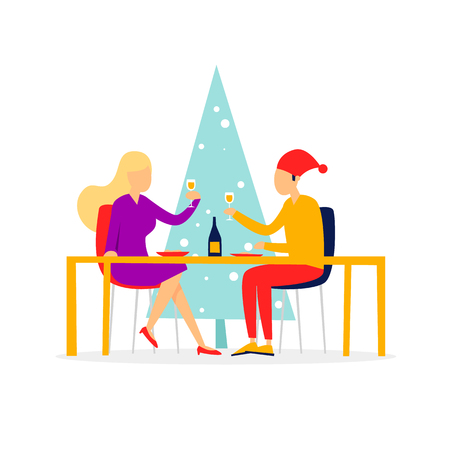 Couple sitting at the table celebrates New Year and Christmas. Vector illustrationのイラスト素材