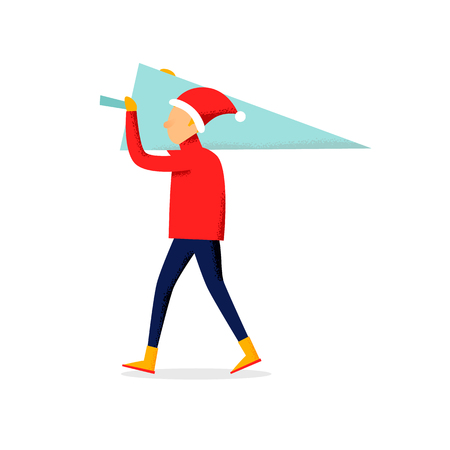 Man carries a Christmas tree. Vector illustrationのイラスト素材